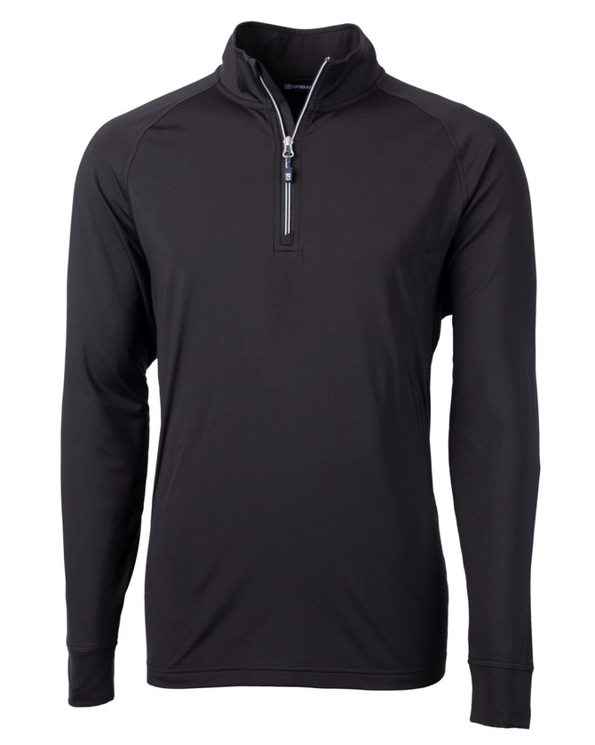 A black long-sleeve half-zip jumper with a stand collar and a zipper at the neck. Features a logo on the chest. A black long-sleeve half-zip jumper with a stand collar and a zipper at the neck. Features a logo on the chest.