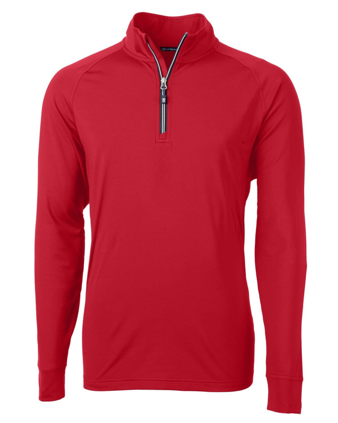 A red half-zip jumper for men with long sleeves and a branding logo. A red half-zip jumper for men with long sleeves and a branding logo.