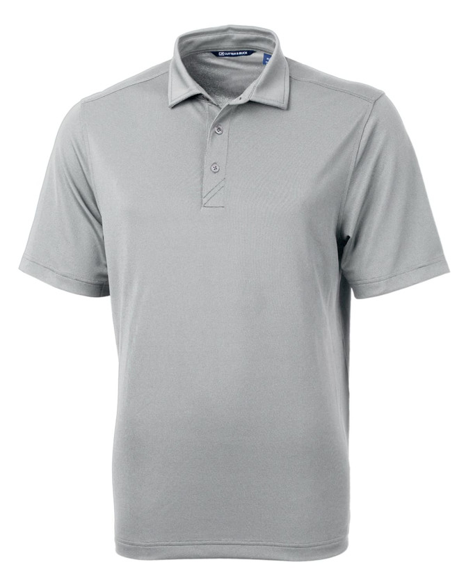 A grey men's polo shirt with a three-button placket and a logo on the chest.