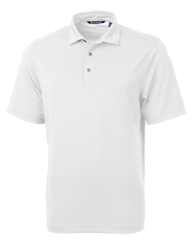 A white eco pique polo shirt with a collar and three buttons, featuring a logo.