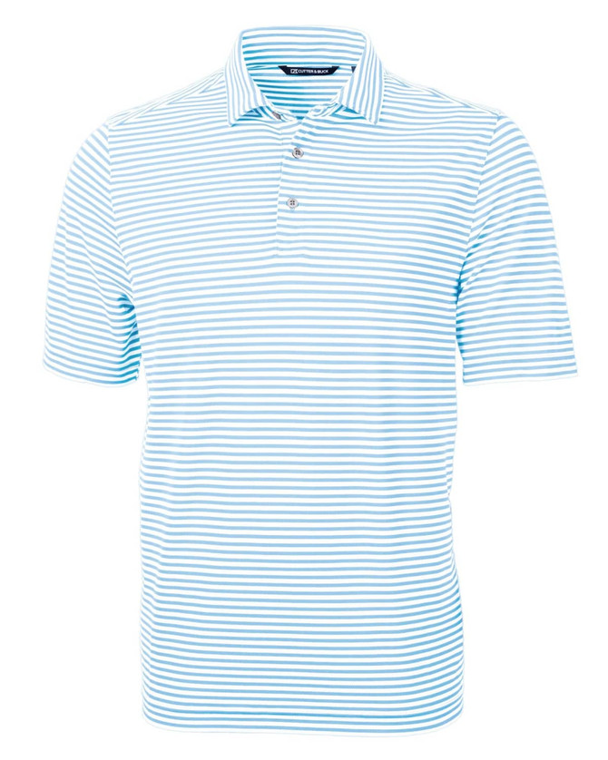 A striped polo shirt in light blue and white, featuring a collar and a logo. Short sleeves and a buttoned placket.