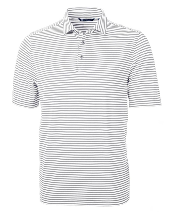 A Men's Virtue Eco Pique Stripe Polo in grey and white stripes, featuring a collar and buttons, with a logo.