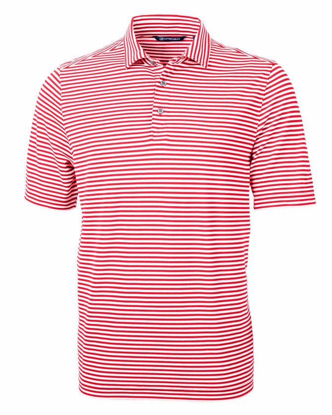 A red and white striped polo shirt with a collar and three buttons, featuring a logo.