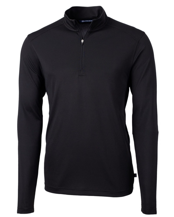 A black half-zip jacket with long sleeves, featuring a logo and a smooth, eco-friendly fabric. A black half-zip jacket with long sleeves, featuring a logo and a smooth, eco-friendly fabric.
