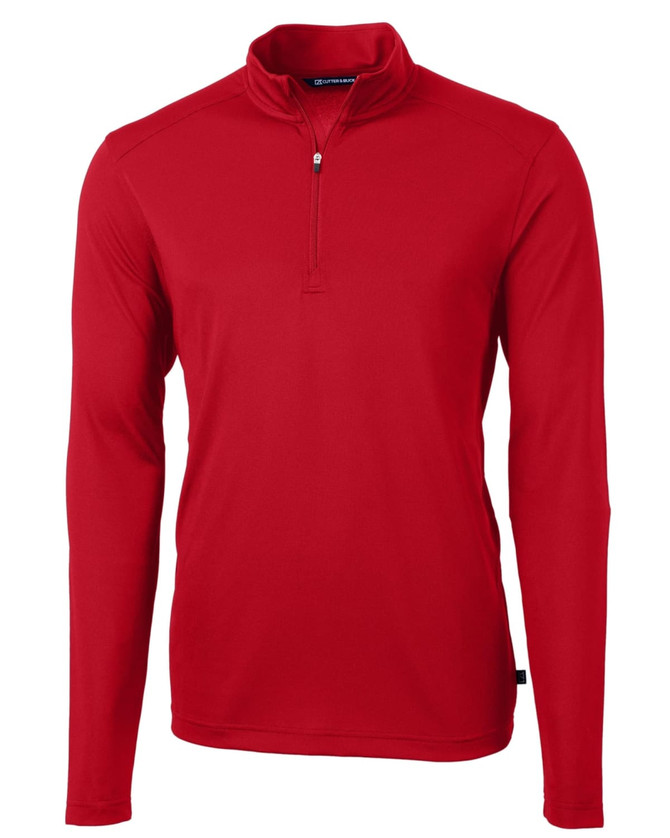 A red men's half zip jacket featuring long sleeves and a zippered collar. It has a branding logo on it. A red men's half zip jacket featuring long sleeves and a zippered collar. It has a branding logo on it.
