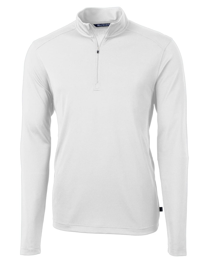 A white half-zip jacket for men, featuring long sleeves and a small logo on the garment. A white half-zip jacket for men, featuring long sleeves and a small logo on the garment.
