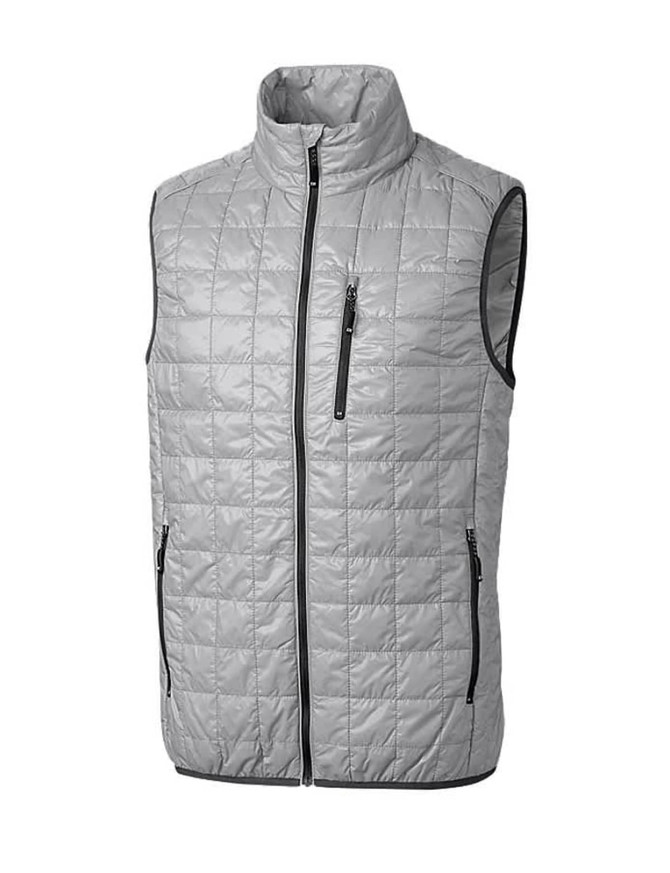 A grey quilted men's vest featuring a high collar and zippered pockets. It has a logo on one side.