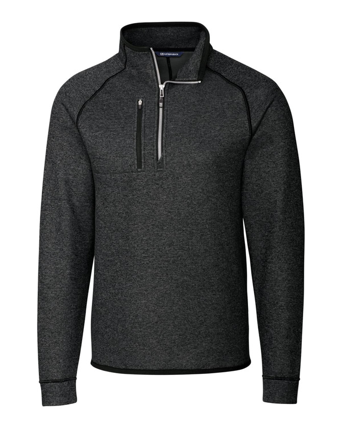 A polar fleece half zip jacket in dark grey with a zippered chest pocket and a logo. A polar fleece half zip jacket in dark grey with a zippered chest pocket and a logo.
