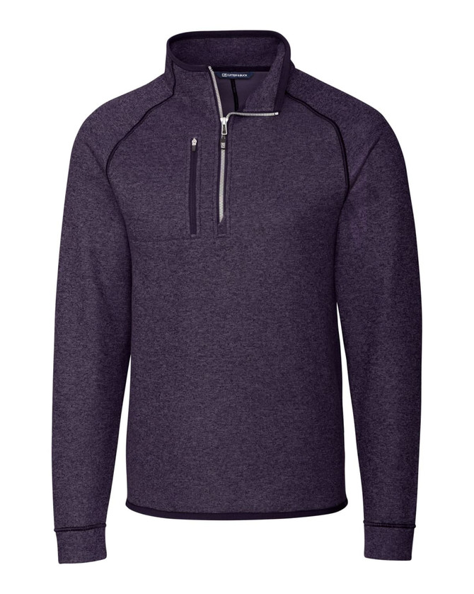 A purple men's half-zip jacket made of polar fleece, featuring a front pocket and a logo. A purple men's half-zip jacket made of polar fleece, featuring a front pocket and a logo.