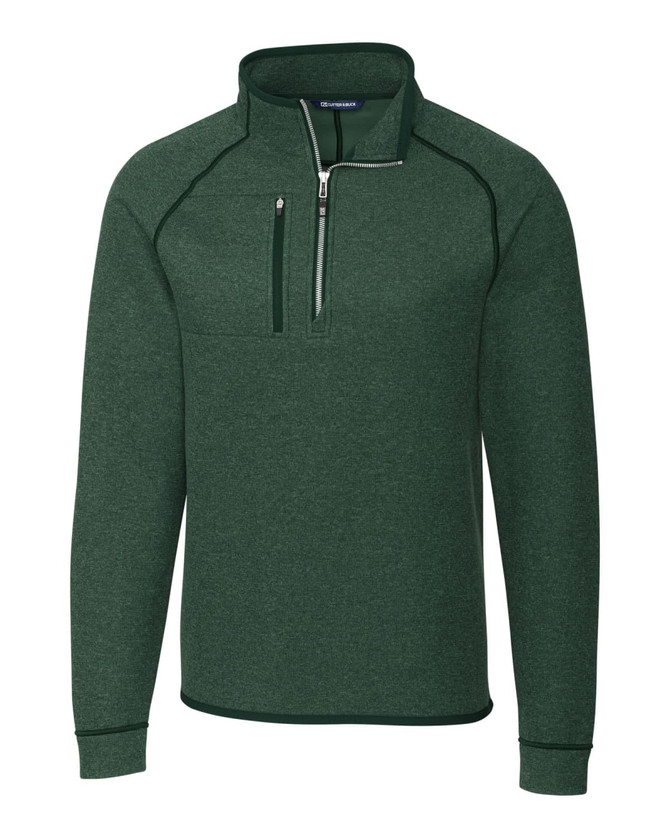 A green half zip jacket made of polar fleece, featuring a front pocket and a logo on the chest. A green half zip jacket made of polar fleece, featuring a front pocket and a logo on the chest.