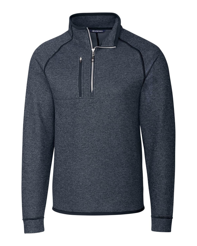 A navy polar fleece half zip jacket featuring a collar and a logo on the chest. A navy polar fleece half zip jacket featuring a collar and a logo on the chest.