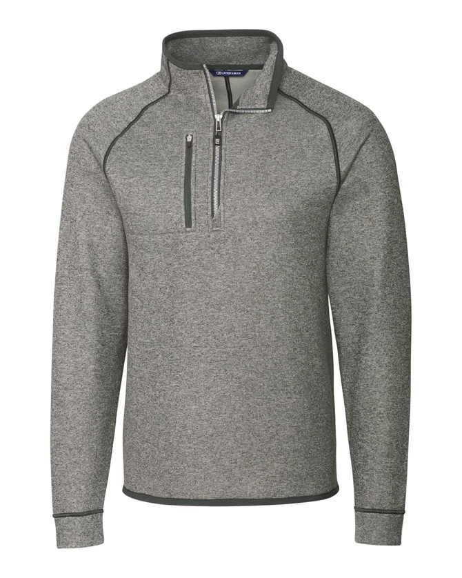 A grey polar fleece half zip jacket with a subtle textured pattern and contrasting trim, featuring a logo on the front. A grey polar fleece half zip jacket with a subtle textured pattern and contrasting trim, featuring a logo on the front.