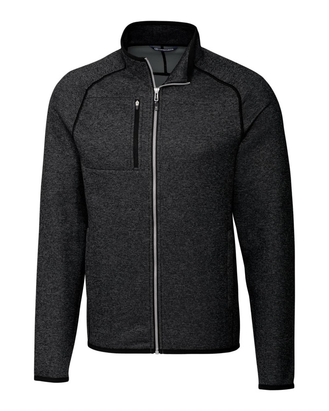 A black full zip jacket featuring a zippered chest pocket and a logo on the upper left side.