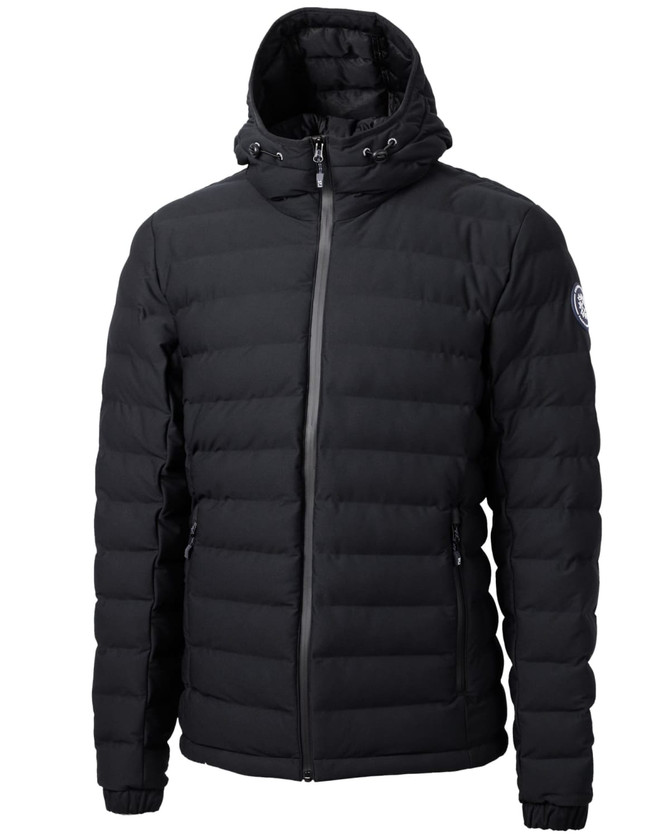 A black puffer jacket featuring a hood and a logo on the sleeve. It has a zip front and is quilted. A black puffer jacket featuring a hood and a logo on the sleeve. It has a zip front and is quilted.