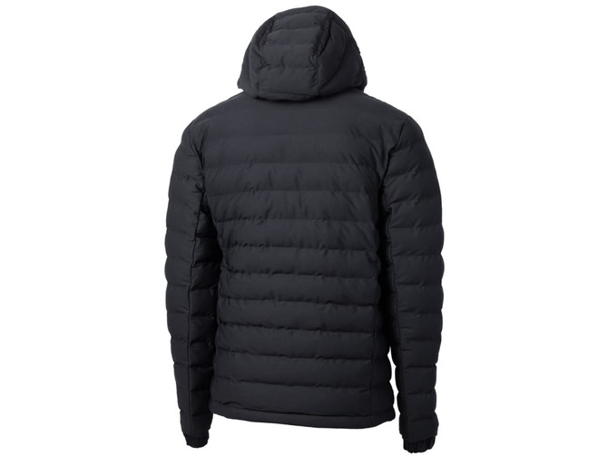 A black Men's Mission Ridge Puffer jacket featuring a hood and a quilted design, with a logo on the back. A black Men's Mission Ridge Puffer jacket featuring a hood and a quilted design, with a logo on the back.