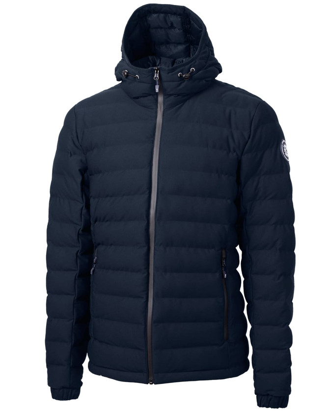 A navy blue Men's Mission Ridge Puffer jacket with a hood and zipper pockets. It features a logo on the sleeve. A navy blue Men's Mission Ridge Puffer jacket with a hood and zipper pockets. It features a logo on the sleeve.