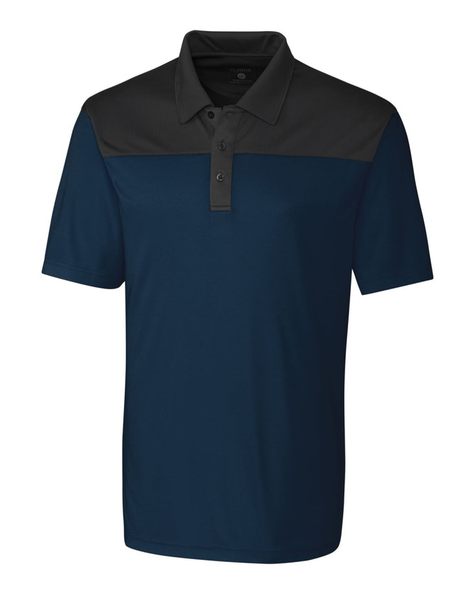 Men's polo shirt featuring a navy blue and black colourblock design, with a collared neckline and three-button front.