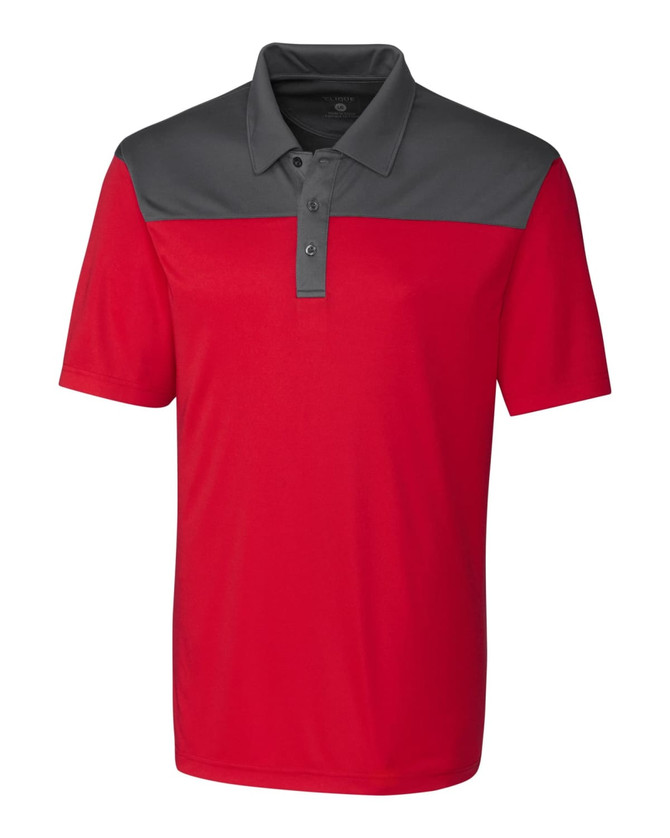 Men's polo shirt featuring a bold red body with a contrasting grey colourblock on the shoulders and collar. Includes a logo.