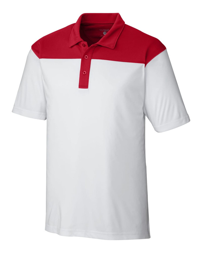 A polo shirt in white with a red colourblock design, featuring a collar and three buttons. It has a logo on the front.
