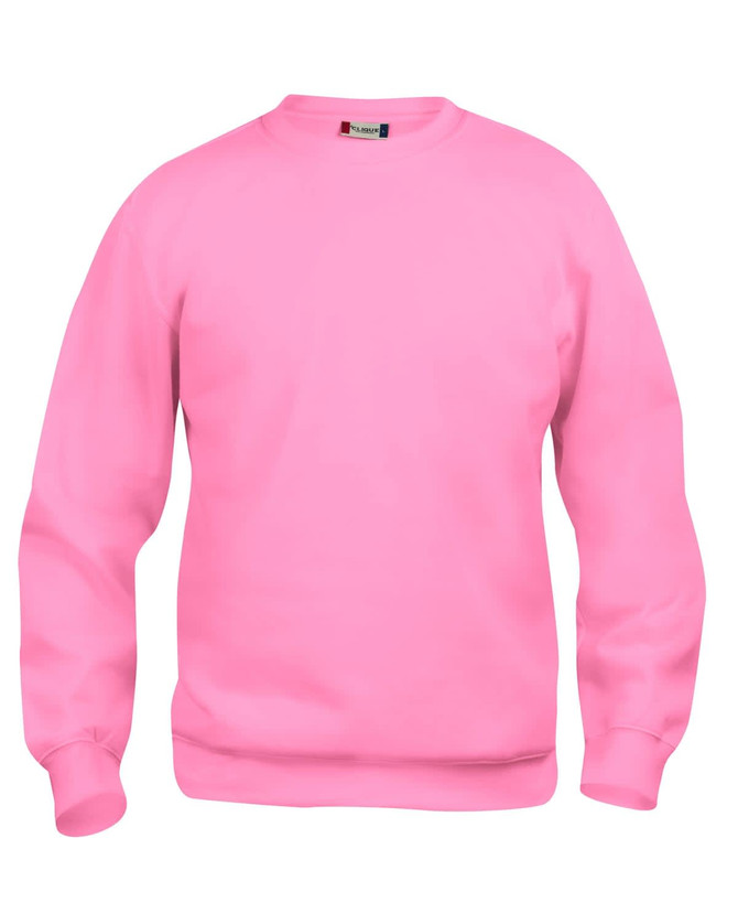 A bright pink crewneck sweatshirt with long sleeves and a plain design, featuring a logo on the neck area.