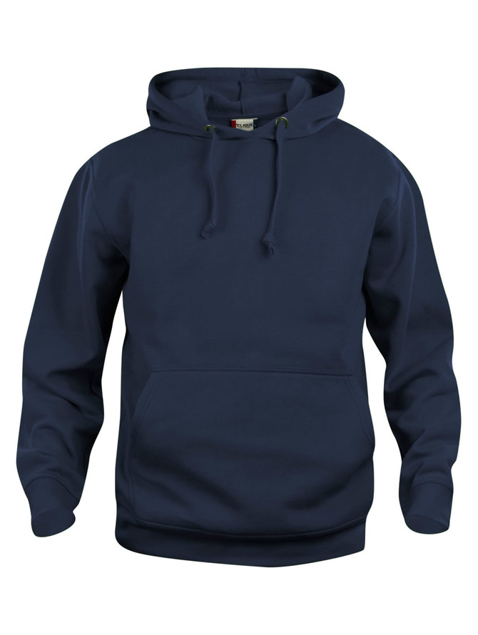 A navy blue hoodie with a front pocket and drawstring hood. It features a logo on the front. A navy blue hoodie with a front pocket and drawstring hood. It features a logo on the front.
