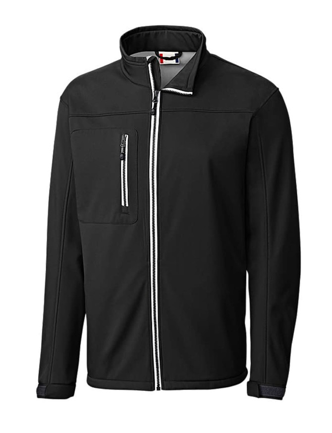A black softshell jacket featuring a zippered front, pockets, and a collar. It has a logo on the chest.