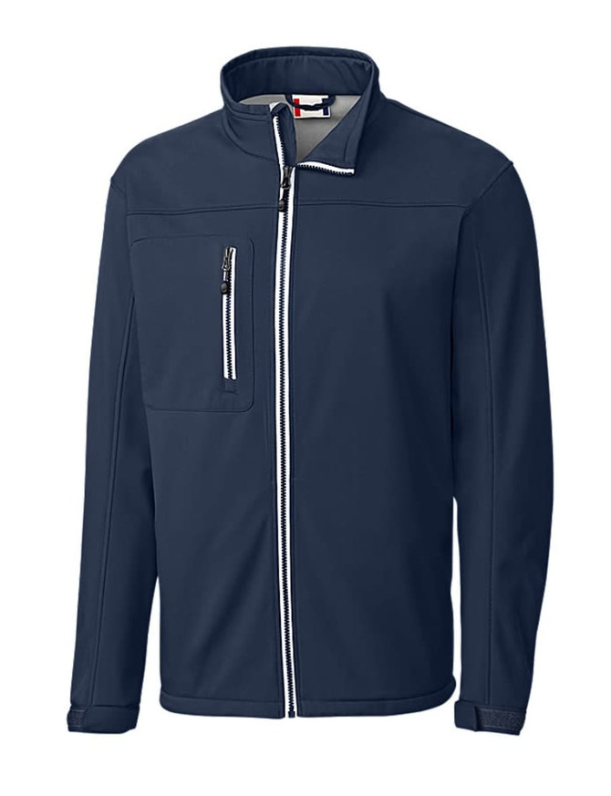 A navy softshell jacket with a full zip front, a chest pocket, and a logo. Ideal for casual wear.