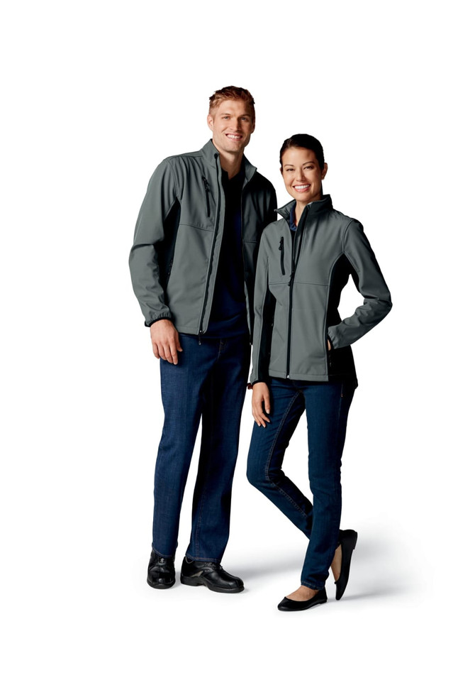 A grey softshell jacket featured on male and female models with a logo displayed. Suitable for casual or outdoor wear.