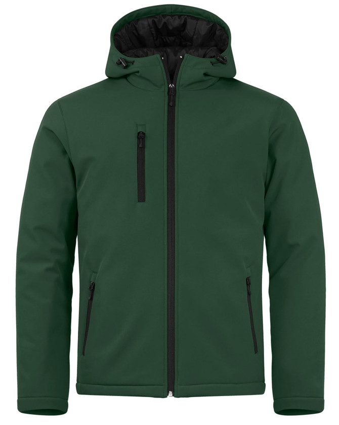 A green men's softshell jacket with a hood, featuring zippered pockets and a black lining.