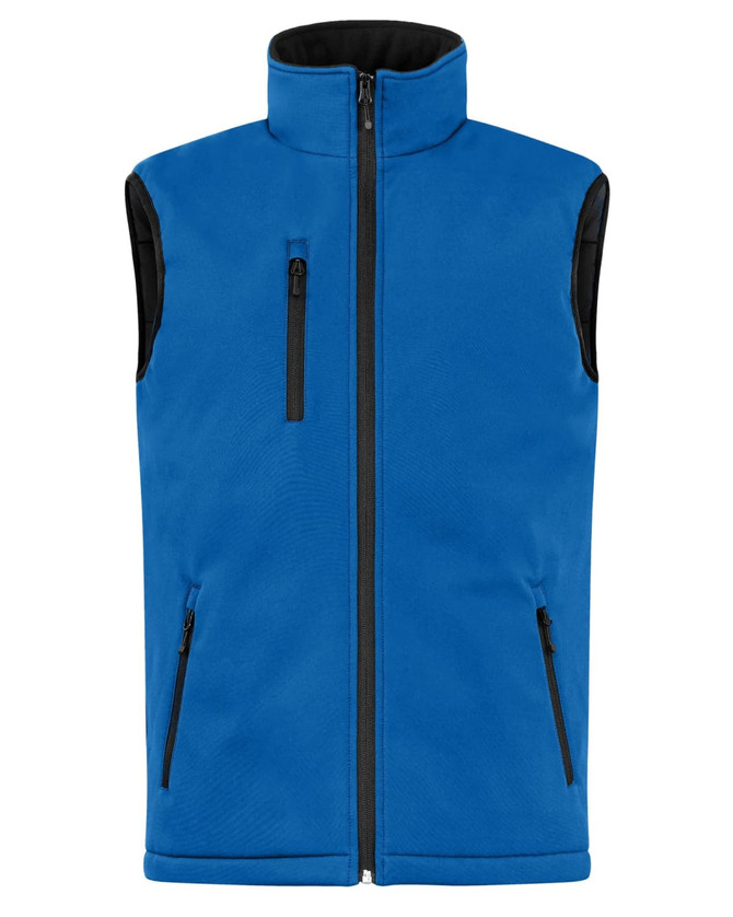 A blue men's soft shell vest with a high collar and black accent sleeves, featuring zippered pockets and a front zip.