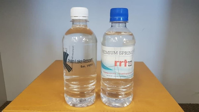 A drink bottle set featuring two clear 350ml bottles, one with a white cap and the other with a blue cap. Both have labels.