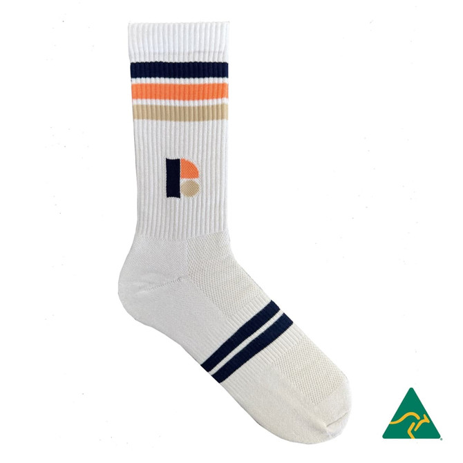 A white crew sock featuring orange, navy blue, and tan stripes, with a logo on the side.