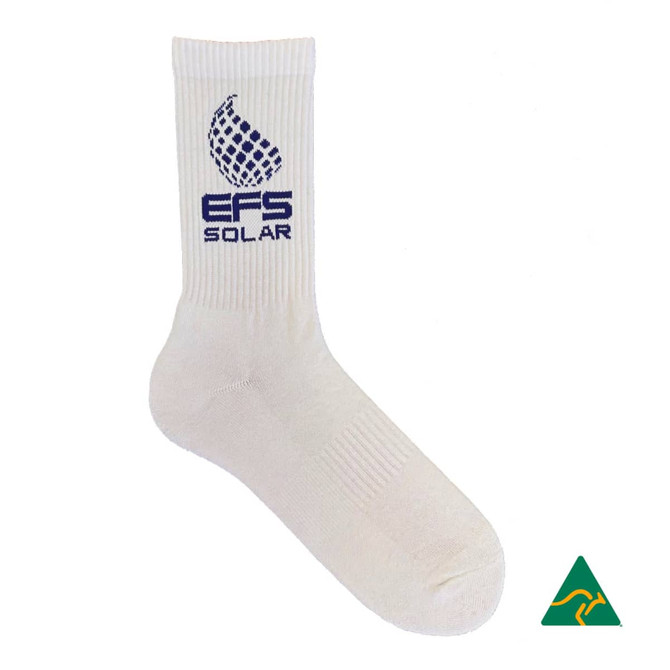 A cream-coloured sports crew sock featuring a logo. Suitable for athletic wear and sports uniforms.