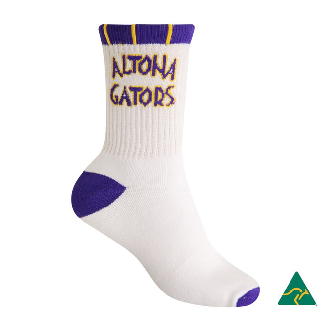 A white sports anklet sock with purple accents and a logo, featuring the text "Altona Gators."