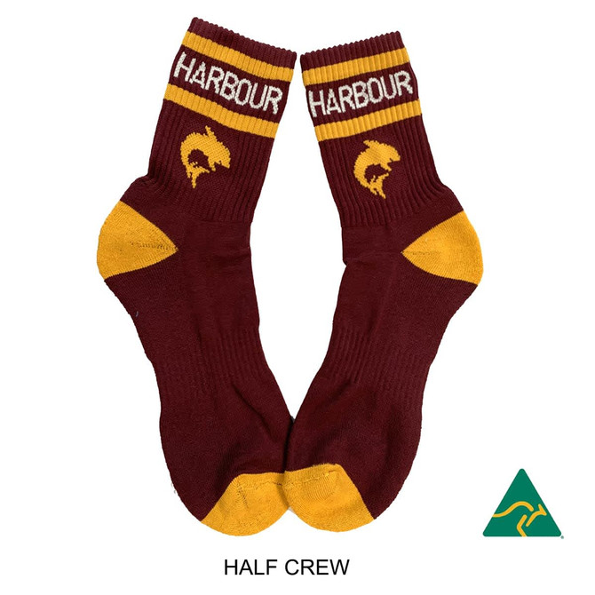 Premium cotton sports quarter socks in maroon and yellow with a logo and striped design.