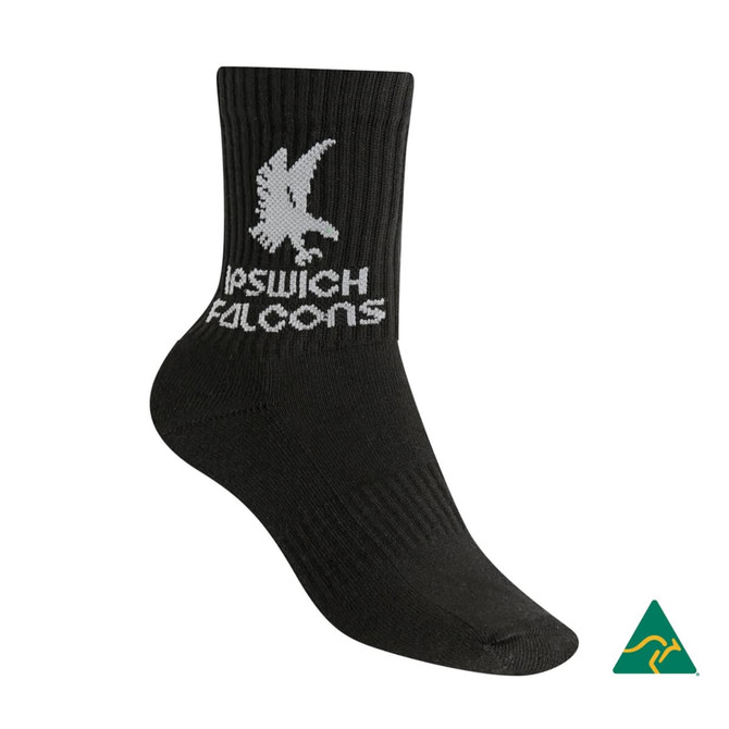 A pair of white quarter socks with navy blue accents and a logo on the cuff, featuring red and blue stripes.