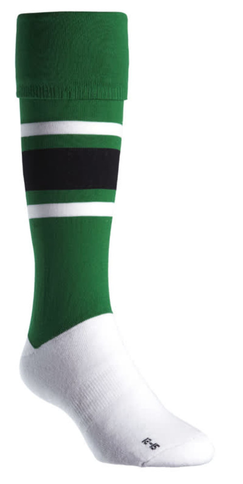 Green football socks featuring black and white stripes with a white foot section. Includes a logo on the sock.