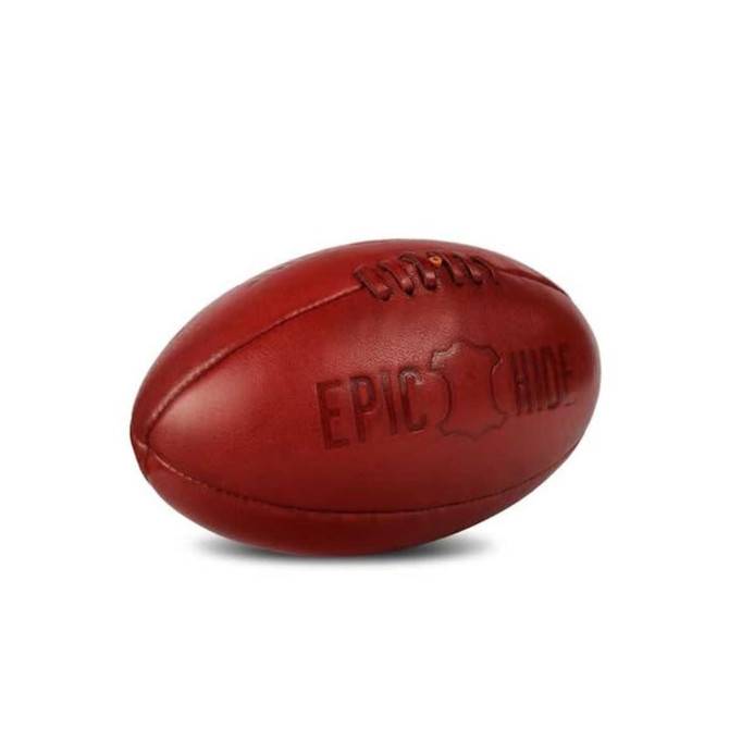 A red retro-look Australian football with a logo, featuring a smooth, textured surface.