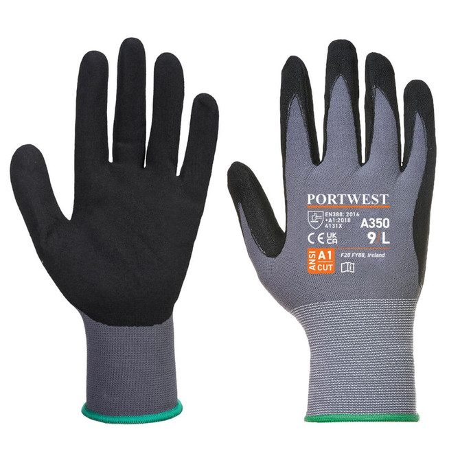 A pair of grey and black Dermiflex gloves with a textured grip and a green cuff. The gloves feature a logo.