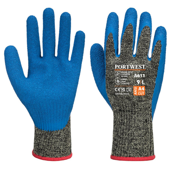 Blue and grey cut-resistant gloves with a textured finish and a safety cuff, featuring a logo on the wrist area.
