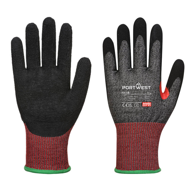 Dark nitrile cut gloves with a textured black palm and a red knitted wrist, featuring a logo on one glove.