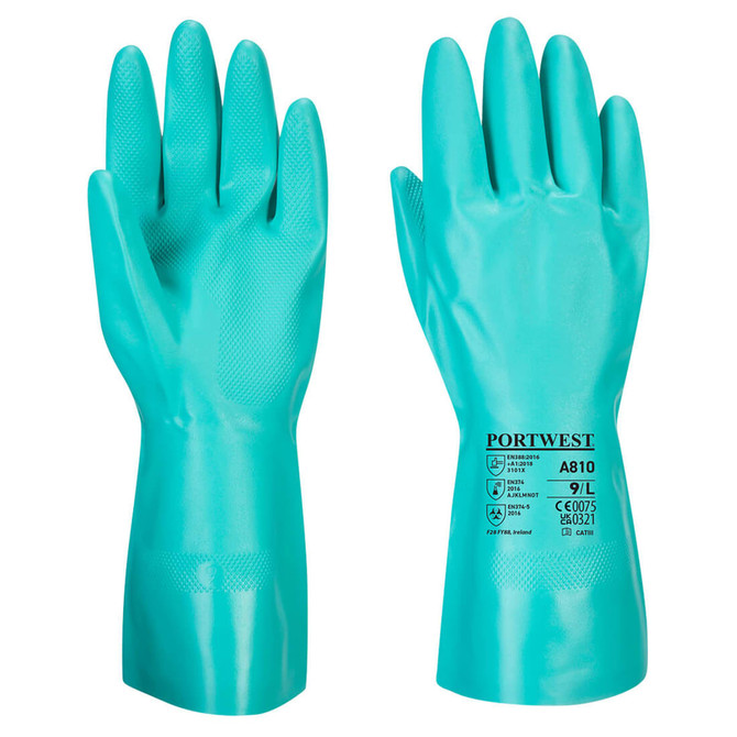 A pair of turquoise chemical gauntlet gloves with a textured grip and a logo on one glove.