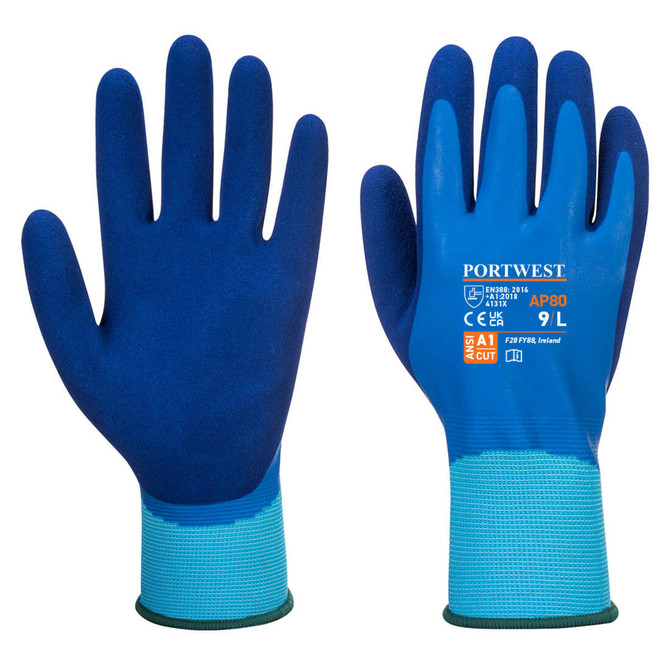A pair of blue gloves with a textured surface and a green cuff. The gloves have a logo and various markings.