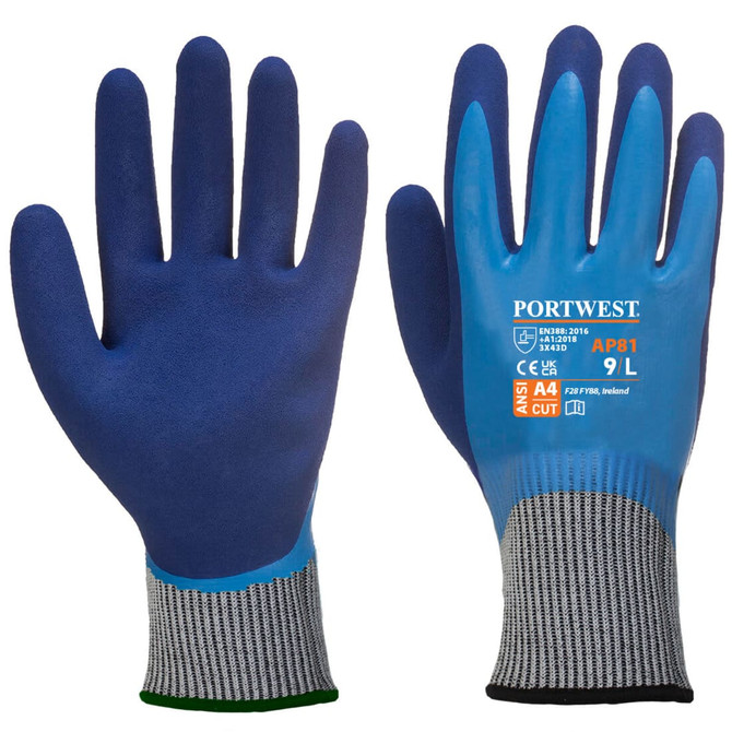 A pair of gloves featuring a blue latex coating and grey knit cuffs, with a visible logo and branding.