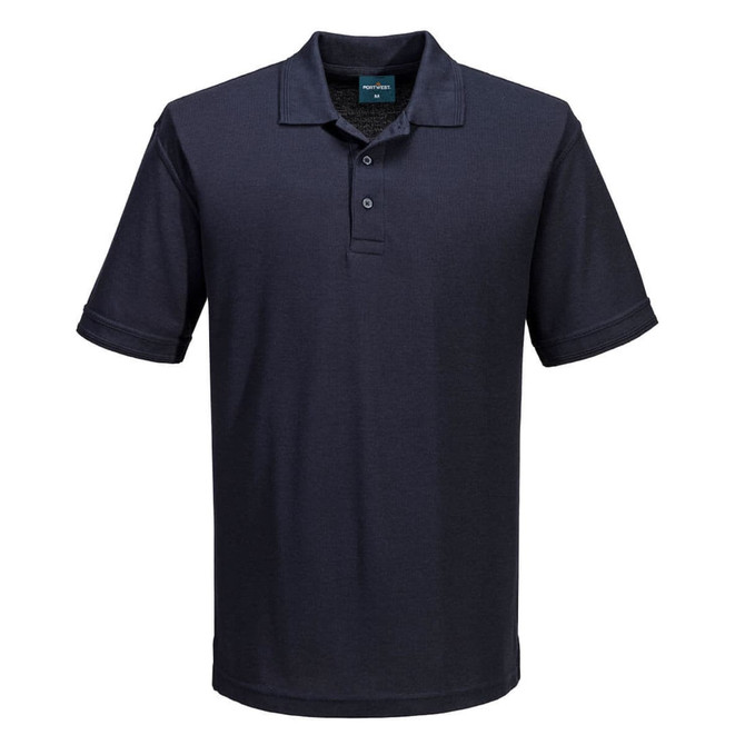 A navy blue short-sleeve polo shirt with a collar and button placket, featuring a logo on the chest.