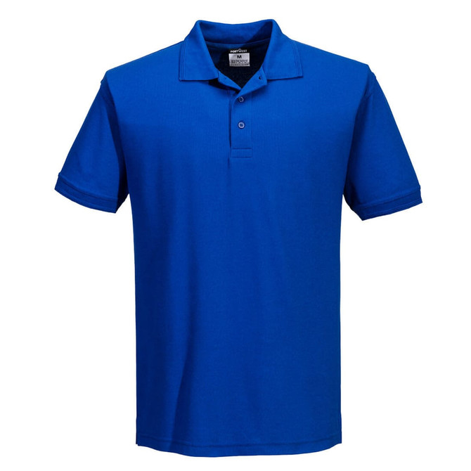 A blue polo shirt featuring a three-button placket and a collar, with a logo on the chest.