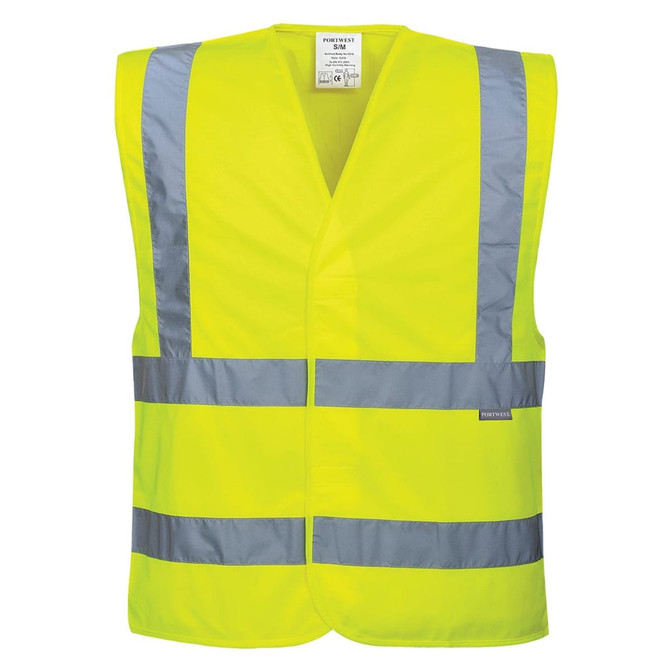 A high-visibility vest in bright yellow with reflective grey stripes, featuring a logo on the side.