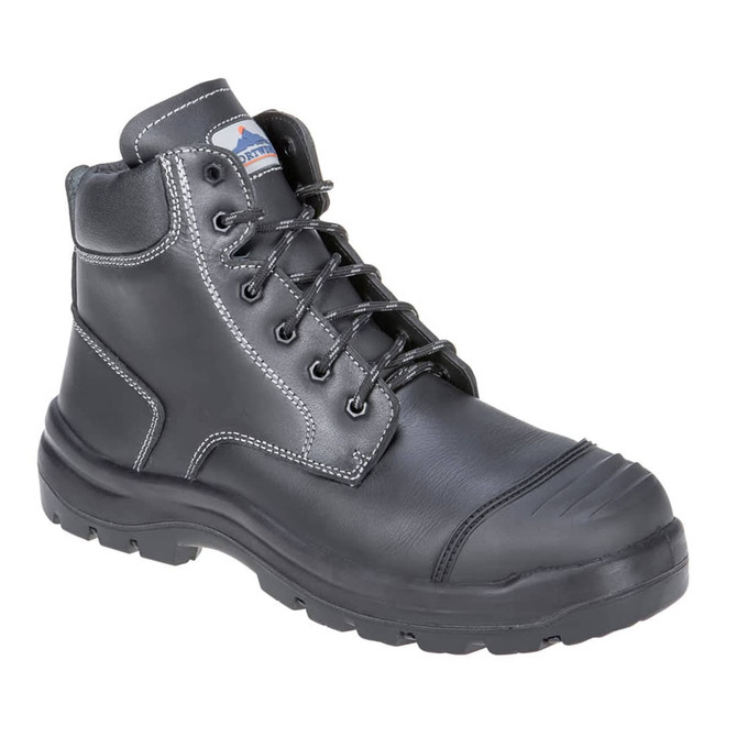 A black safety boot with a lace-up design, featuring a rounded toe and durable rubber sole. It includes a logo.