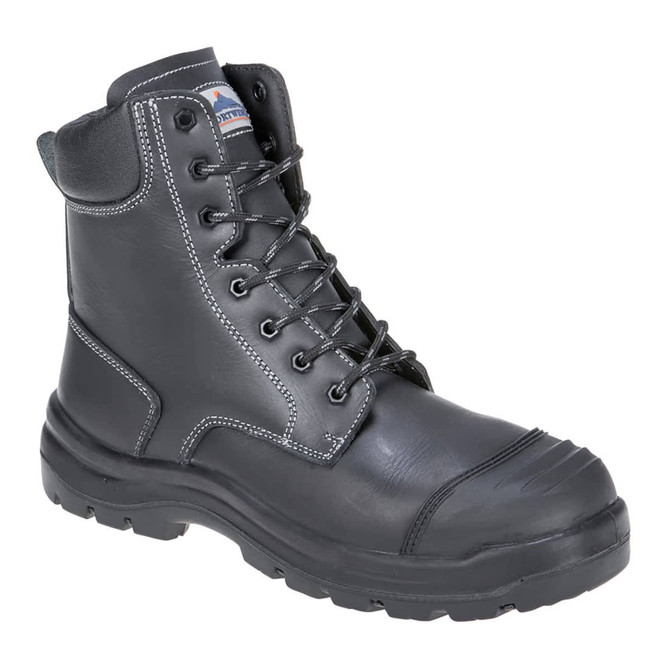 A black safety boot with a high ankle, lace-up design, and a protective toe cap. Features stitching details and a logo.