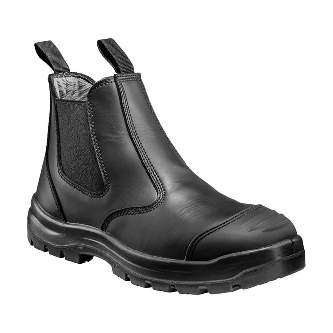 A black safety dealer boot featuring elastic side panels and a sturdy rubber sole, with a logo on the side.